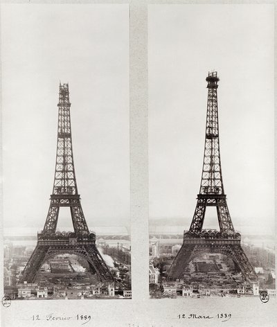 Due viste della costruzione della Torre Eiffel, Parigi, 12 febbraio e 12 marzo 1889 da French Photographer